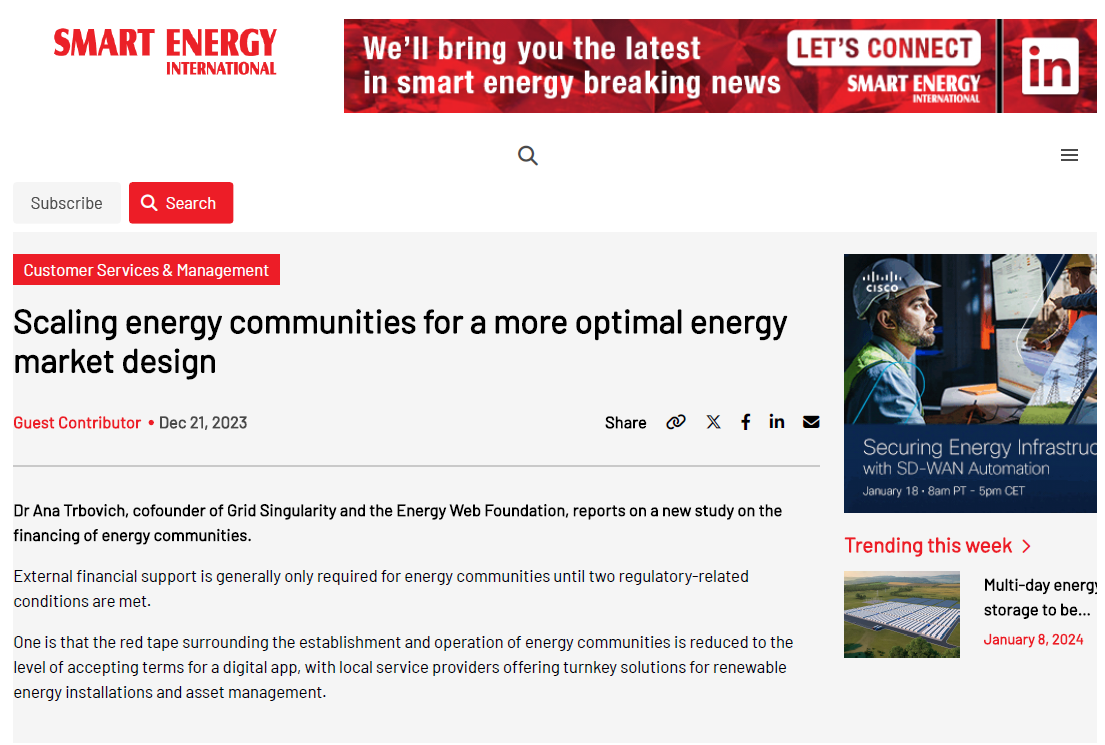 Read the article : Scaling energy communities for a more optimal energy market design published on Smart Energy International